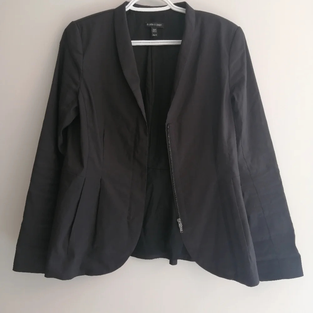 Eileen Fisher Ramie Pleated Zip Up Blazer Jacket Black Peplum Back Size XS - Picture 4 of 15